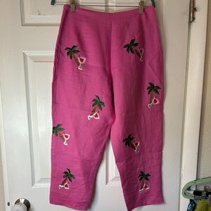 CJ Laing 100% Linen Pants with Palm Tree and Cocktail Embroidery
